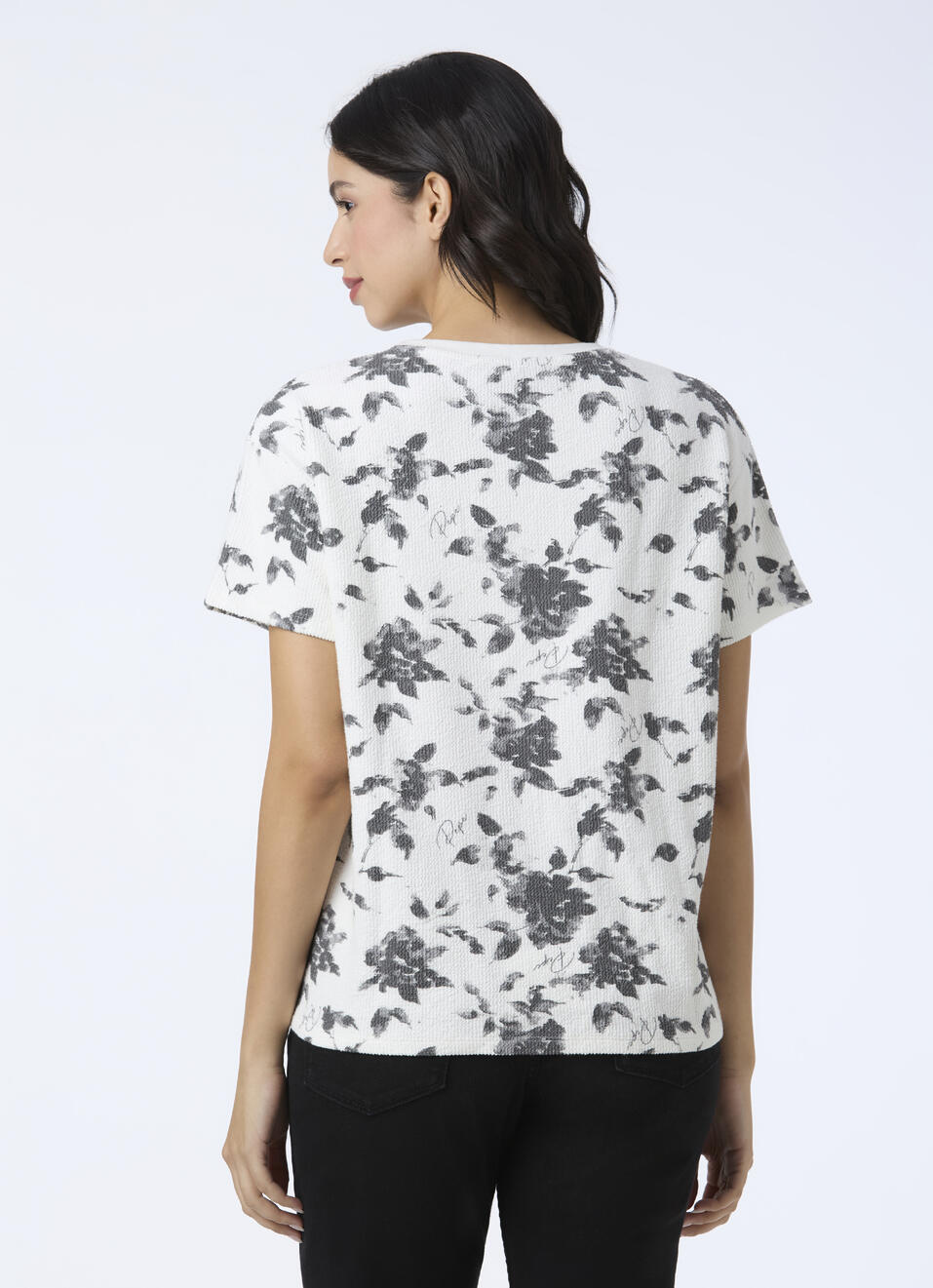 Women White Textured Floral Print T-shirt, , large image number 2