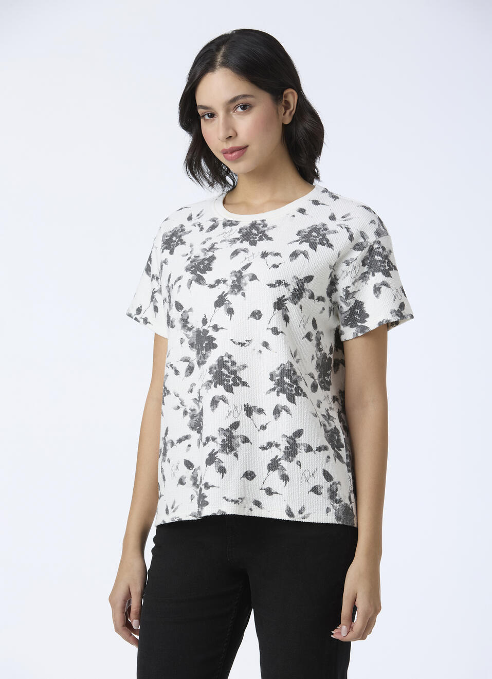 Women White Textured Floral Print T-shirt, , large image number 3
