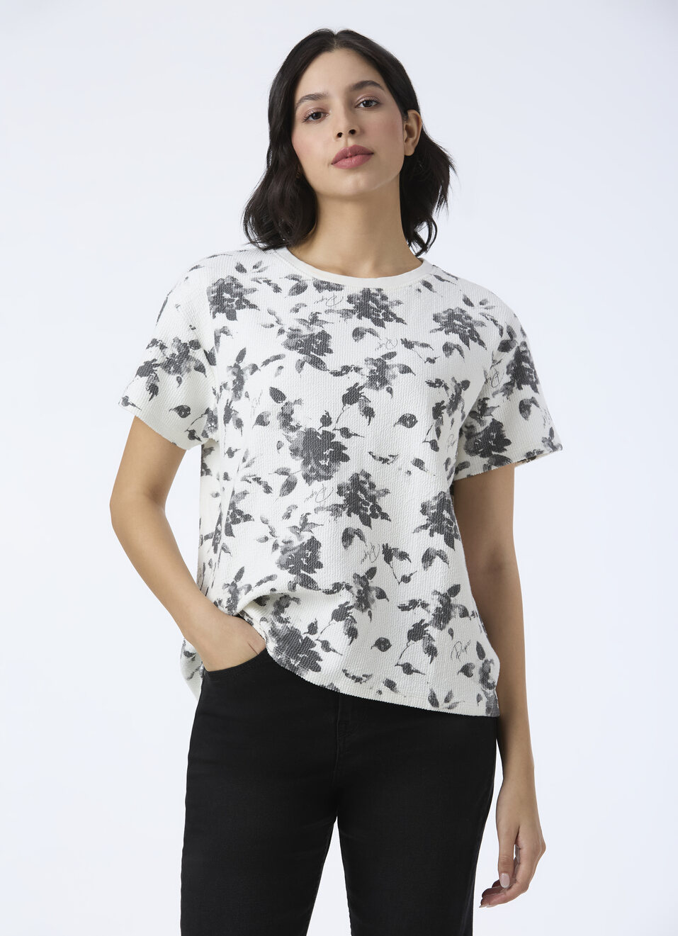 Women White Textured Floral Print T-shirt, , large image number 0