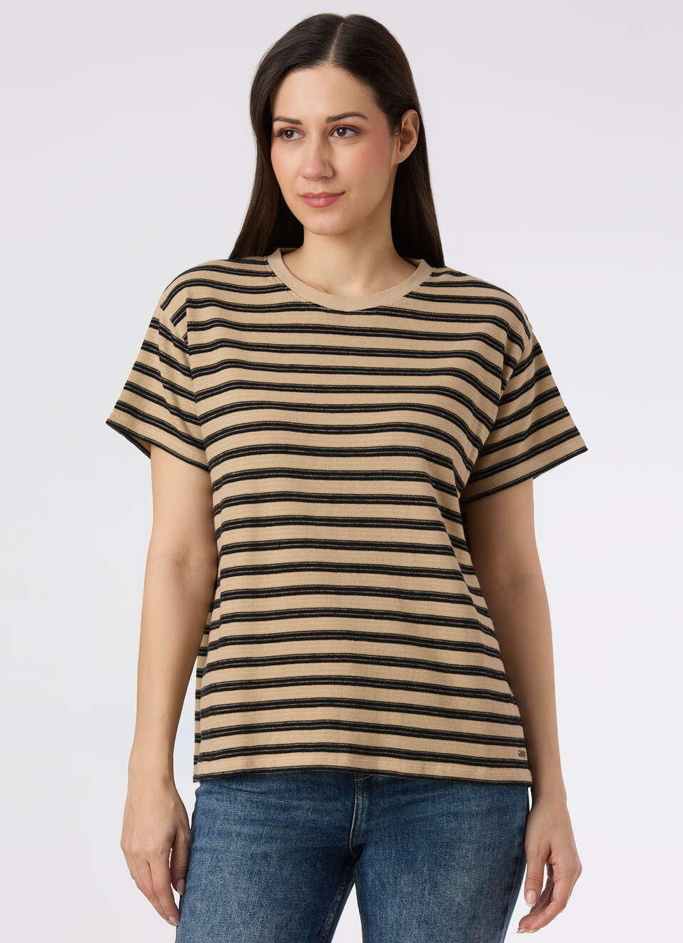 Women Beige With Black Striped Comfort Fit T-shirt, , large image number 1