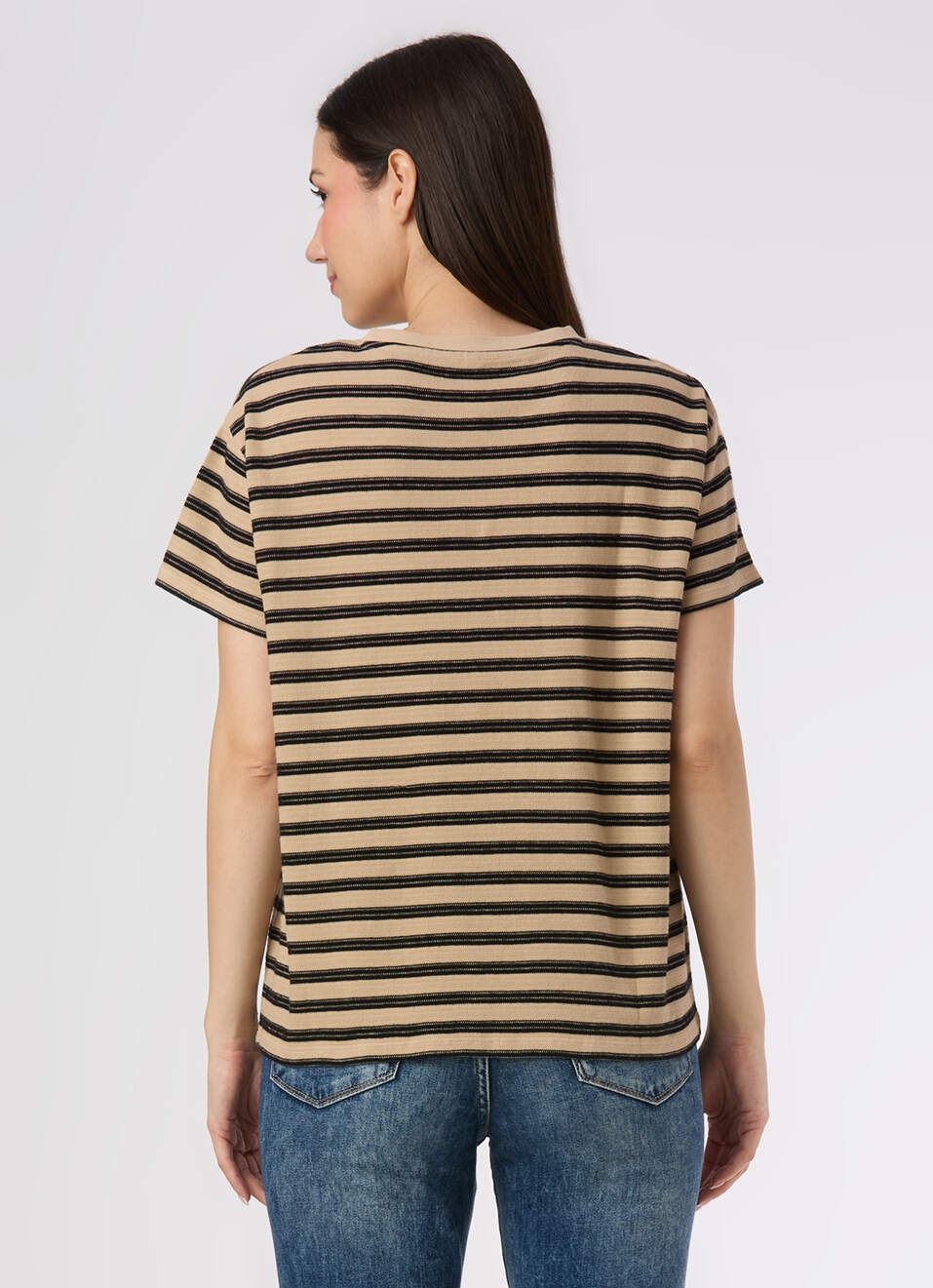 Women Beige With Black Striped Comfort Fit T-shirt, , large image number 2