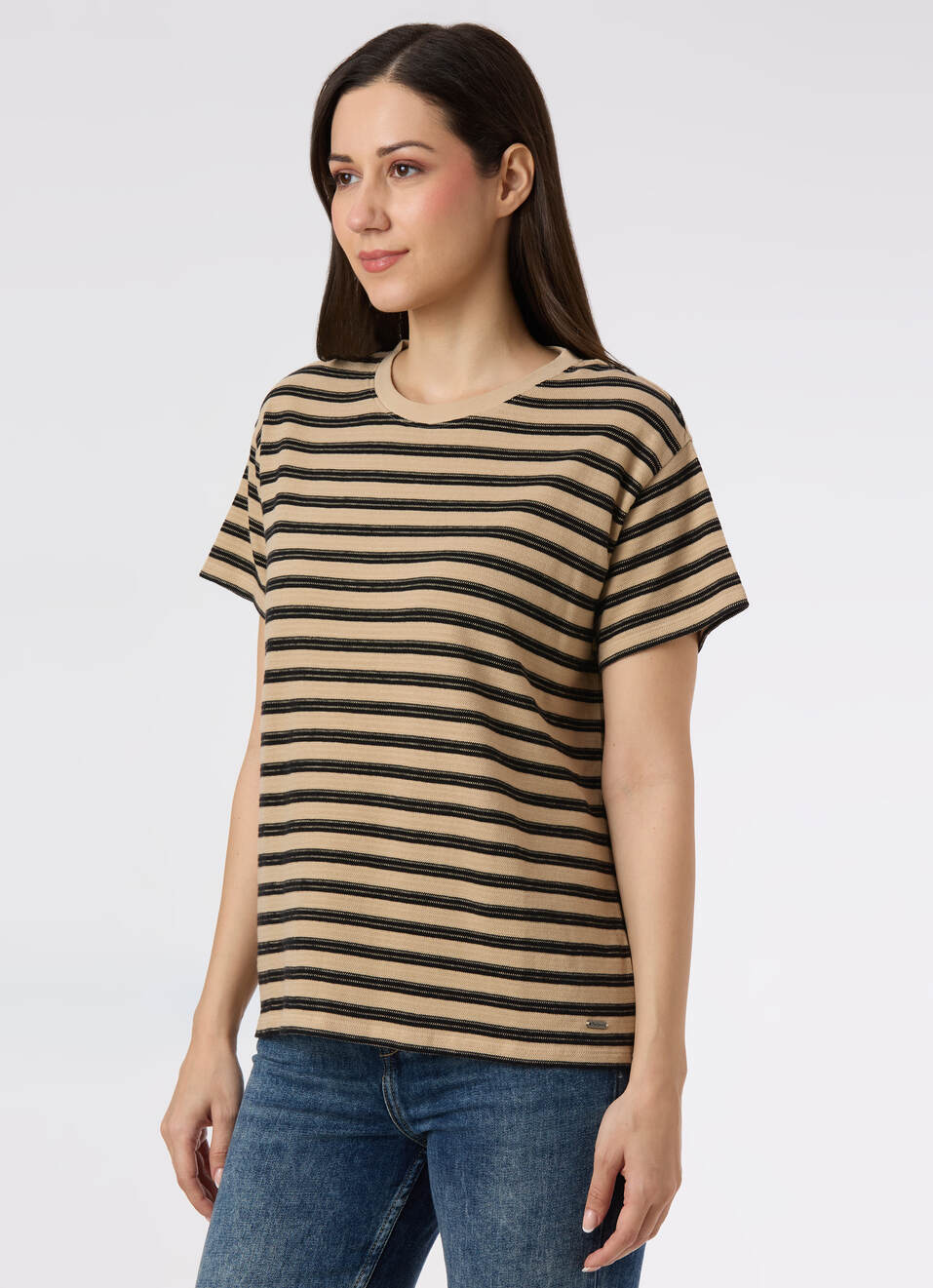 Women Beige With Black Striped Comfort Fit T-shirt, , large image number 3