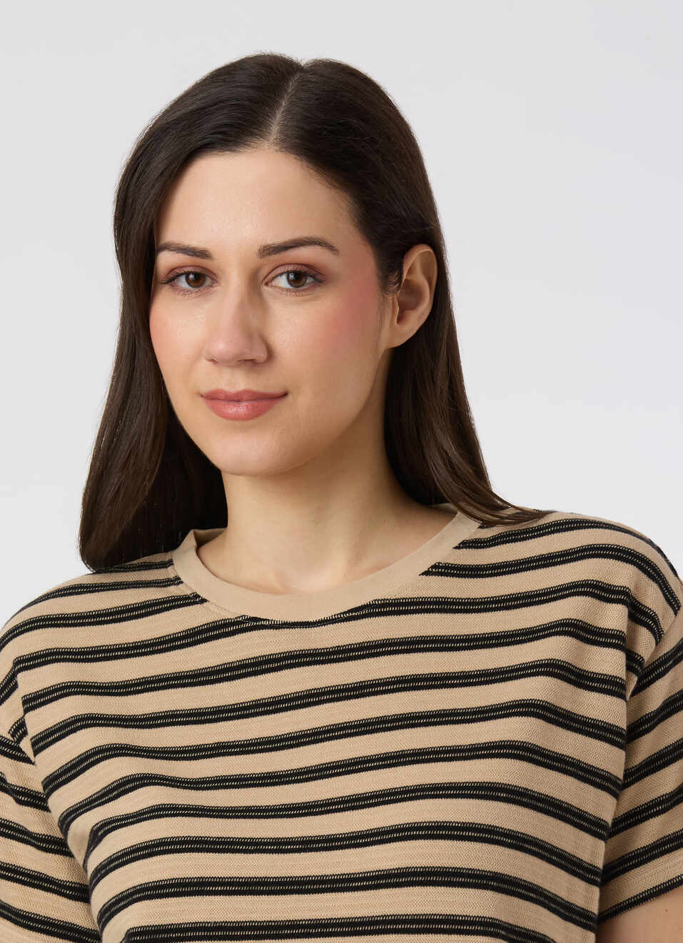 Women Beige With Black Striped Comfort Fit T-shirt, , large image number 4