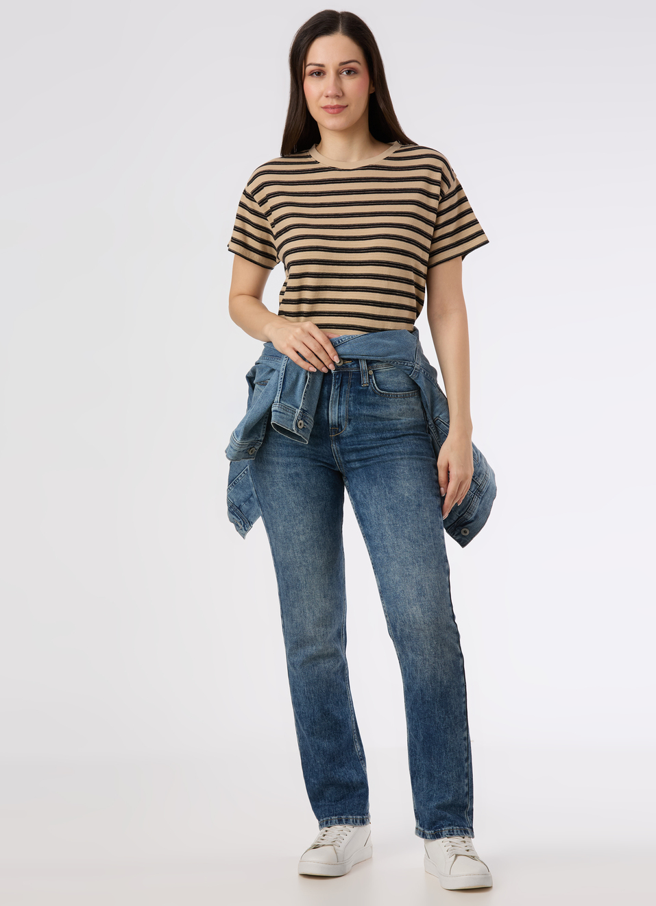 Women Beige With Black Striped Comfort Fit T-shirt, , large image number 5