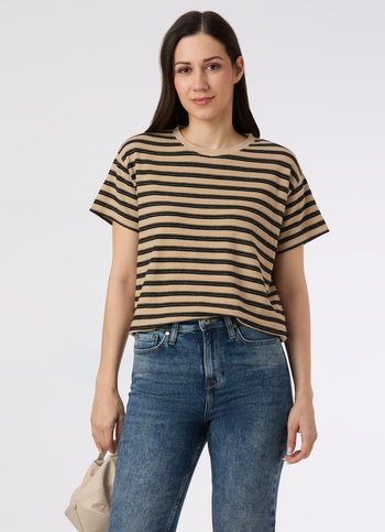 Women Beige With Black Striped Comfort Fit T-shirt