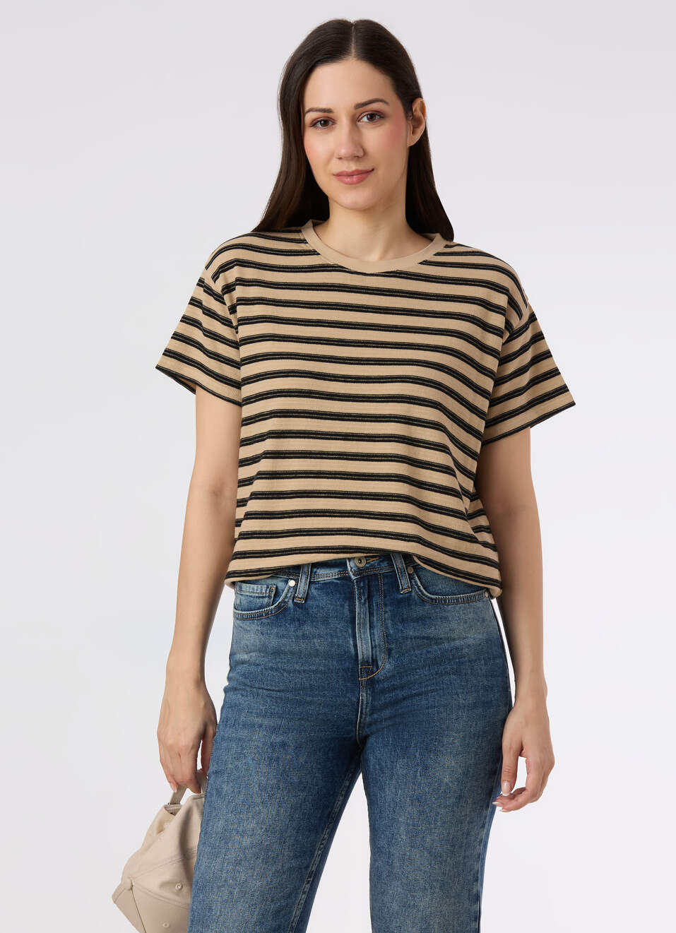 Women Beige With Black Striped Comfort Fit T-shirt, , large image number 0