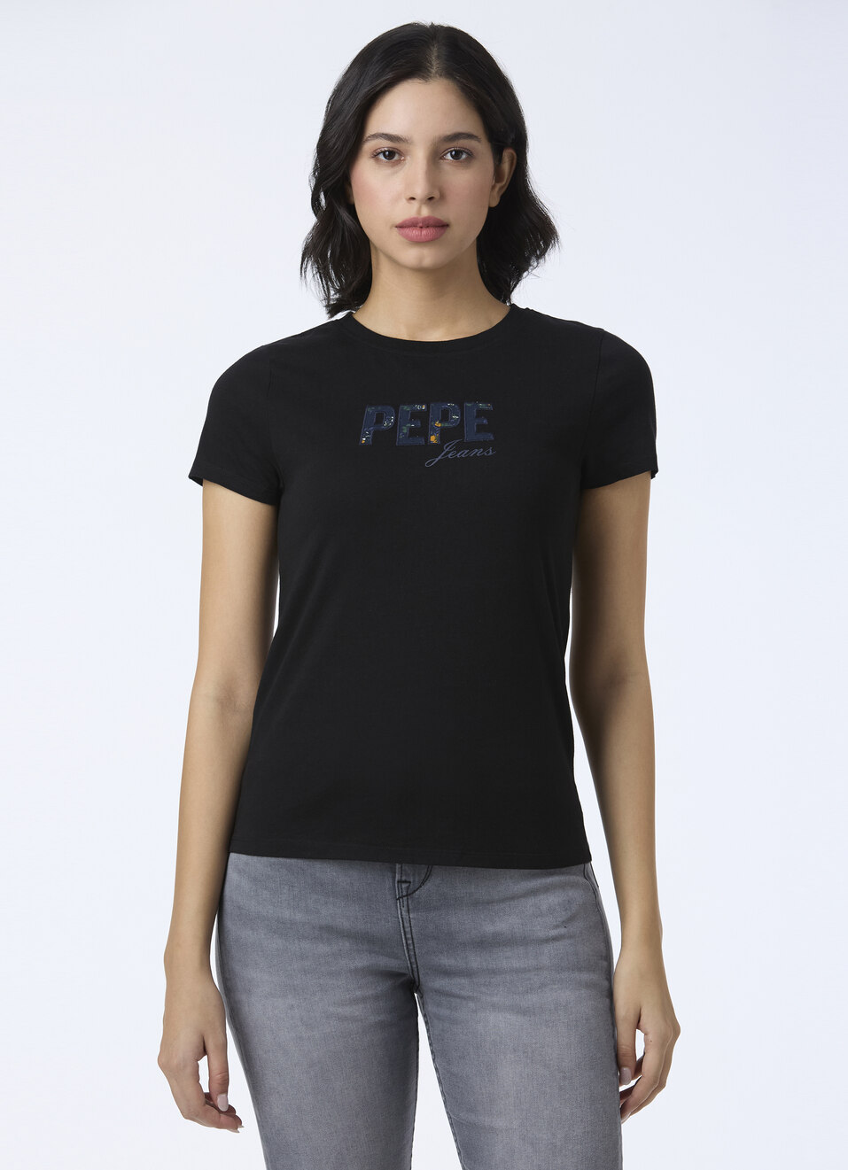 Women Black Crew Neck Short Sleeves T-shirt, , large image number 1