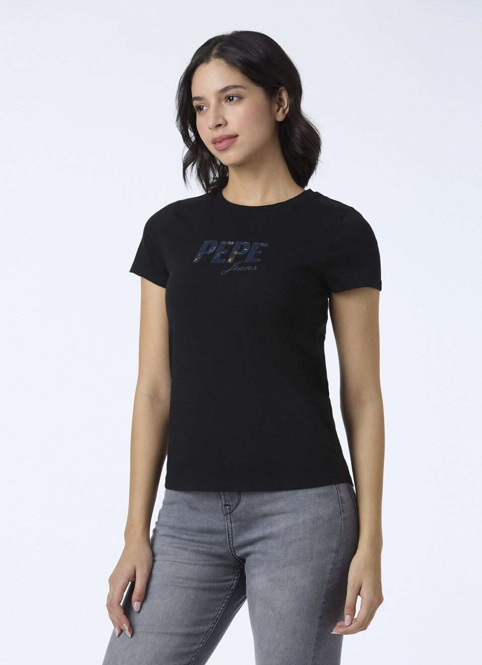 Women Black Crew Neck Short Sleeves T-shirt, , large image number 3