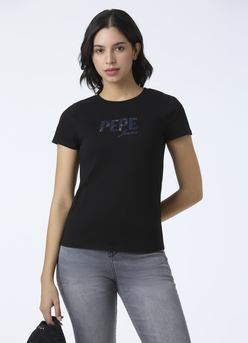 Women Black Crew Neck Short Sleeves T-shirt, , large image number 0