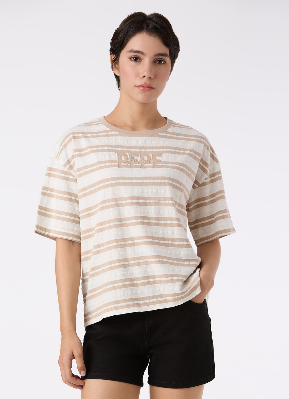 Women Beige Stripe Comfort Fit T-shirt, , large image number 1