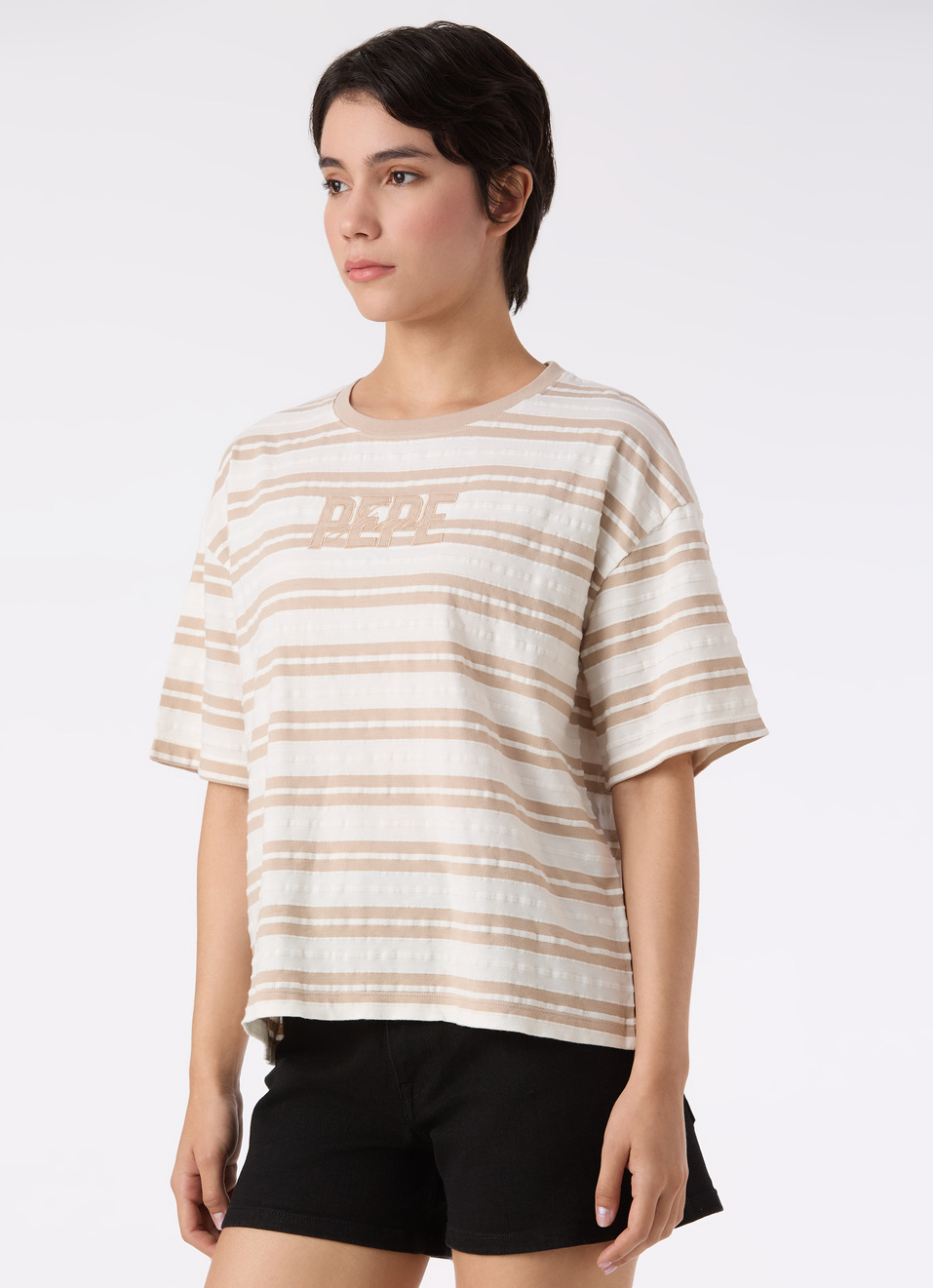 Women Beige Stripe Comfort Fit T-shirt, , large image number 3