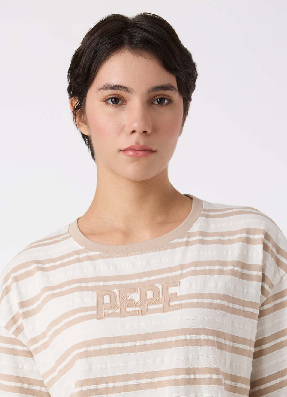 Women Beige Stripe Comfort Fit T-shirt, , large image number 4