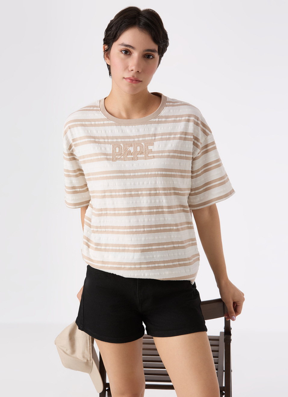 Women Beige Stripe Comfort Fit T-shirt, , large image number 0