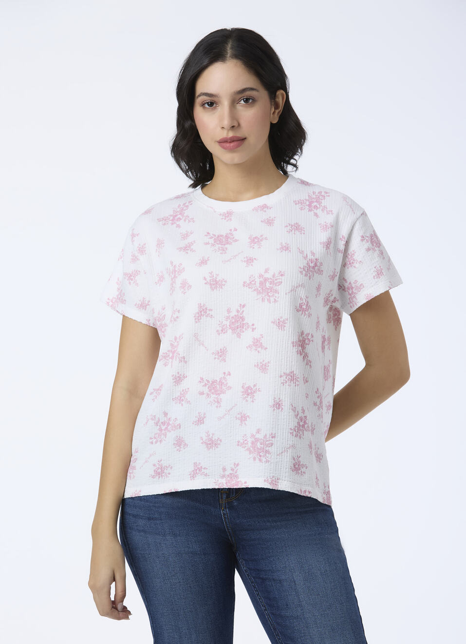 Women Pink Textured Floral Printed T-shirt, , large image number 1