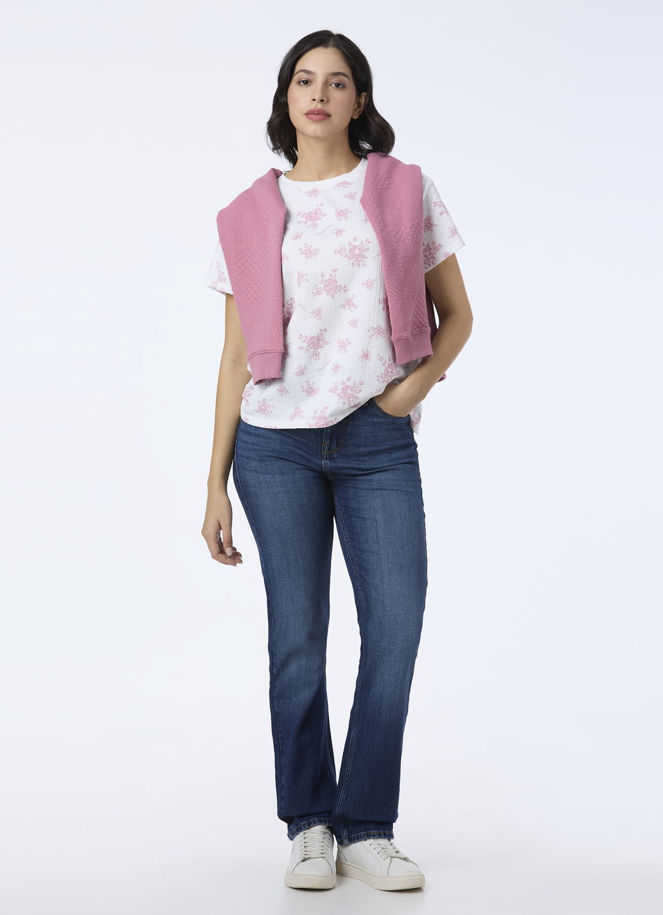 Women Pink Textured Floral Printed T-shirt, , large image number 5