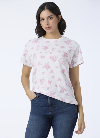 Women Pink Textured Floral Printed T-shirt
