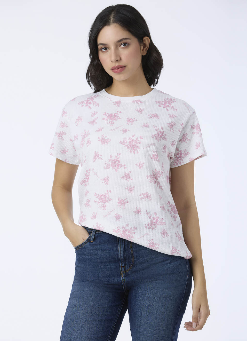 Women Pink Textured Floral Printed T-shirt, , large image number 0