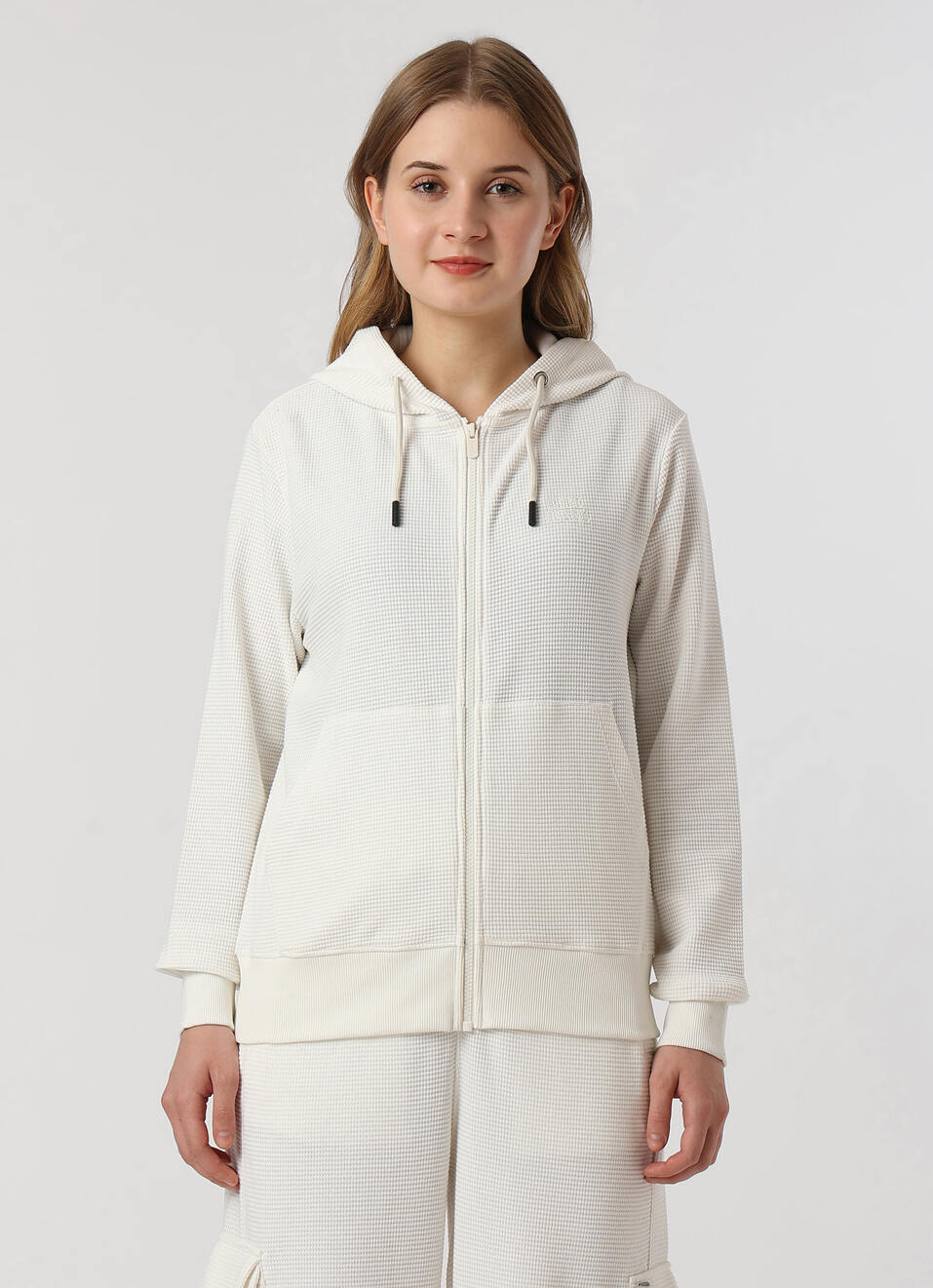 Women Ecru White Waffle Knit Zip Up Hoodie Sweatshirt, , large image number 1