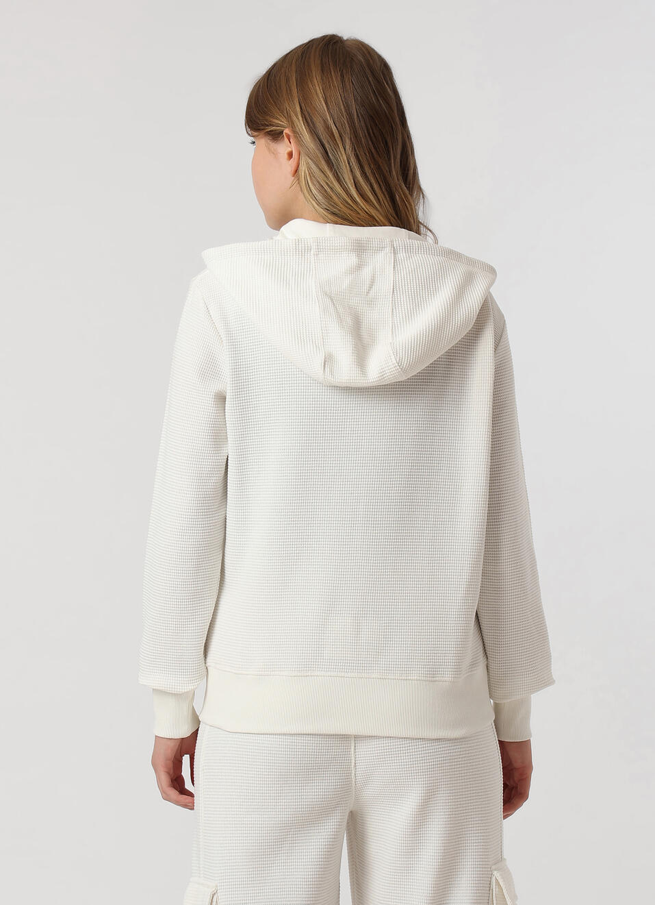 Women Ecru White Waffle Knit Zip Up Hoodie Sweatshirt, , large image number 2