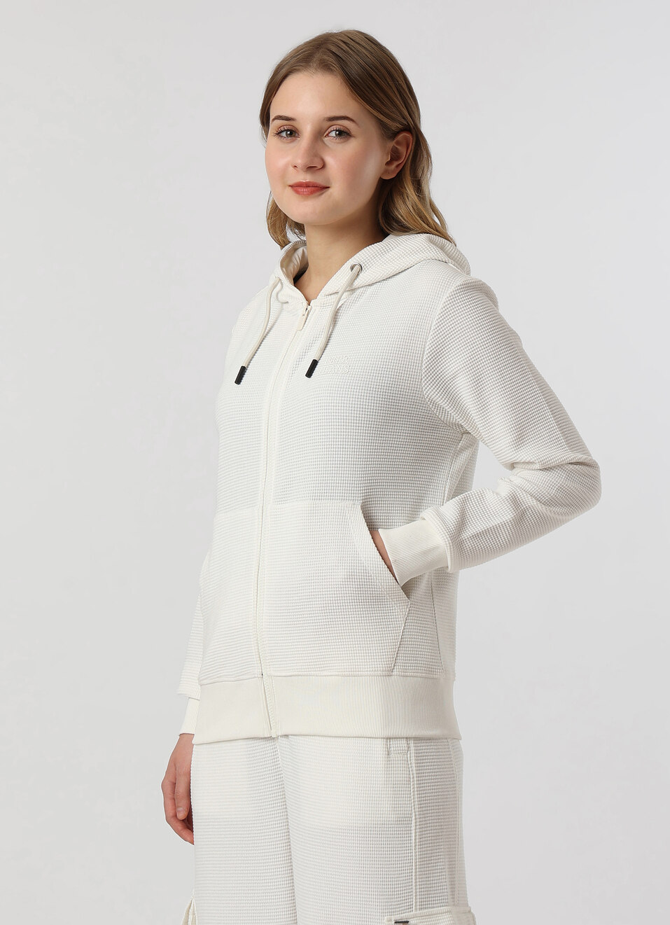 Women Ecru White Waffle Knit Zip Up Hoodie Sweatshirt, , large image number 3