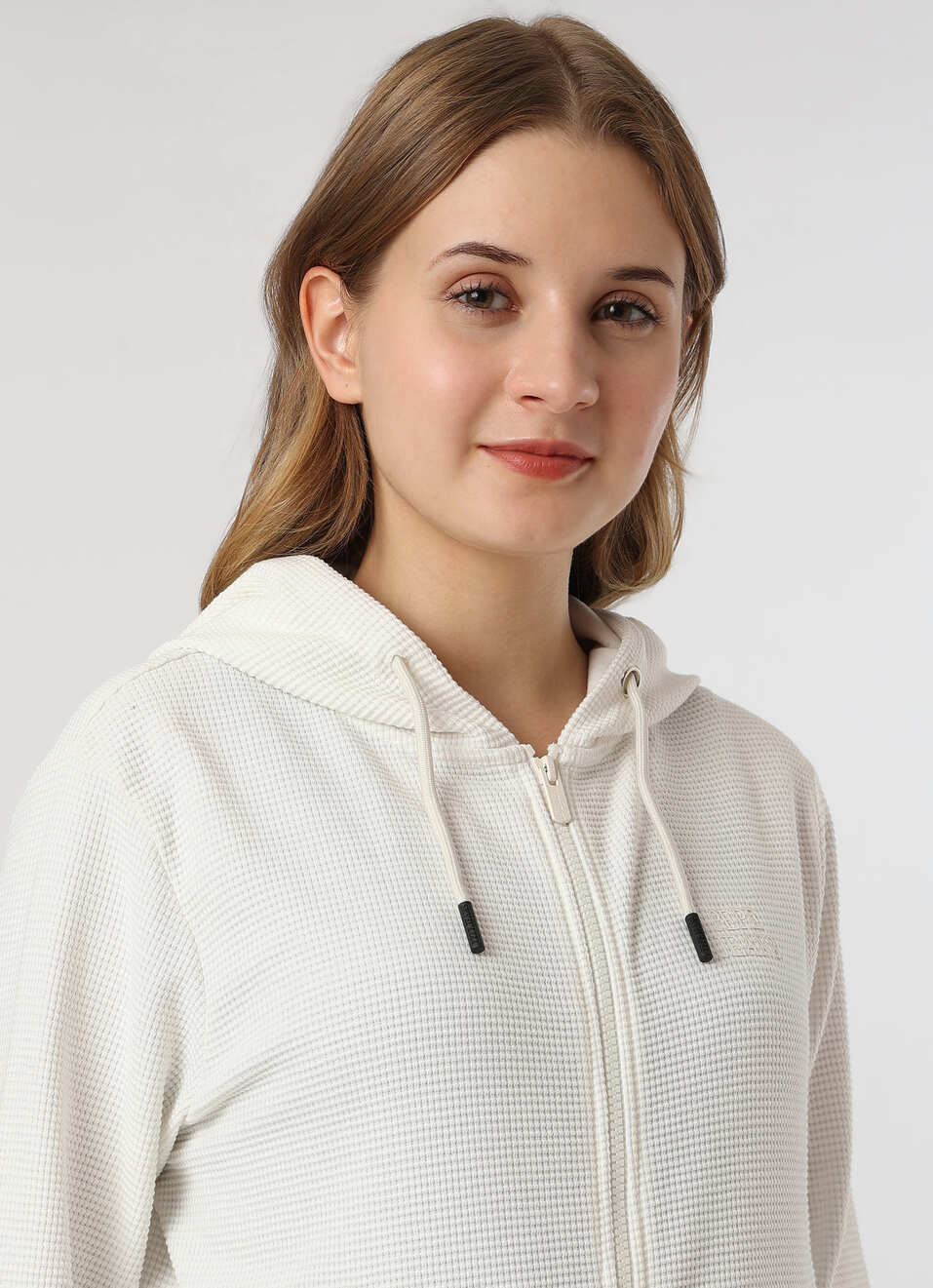 Women Ecru White Waffle Knit Zip Up Hoodie Sweatshirt, , large image number 4