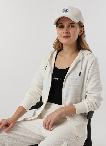 Women Ecru White Waffle Knit Zip Up Hoodie Sweatshirt