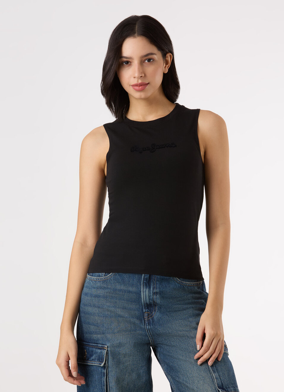 Women Black Sleeveless Slim Fit Tank Top With Logo Print, , large image number 1