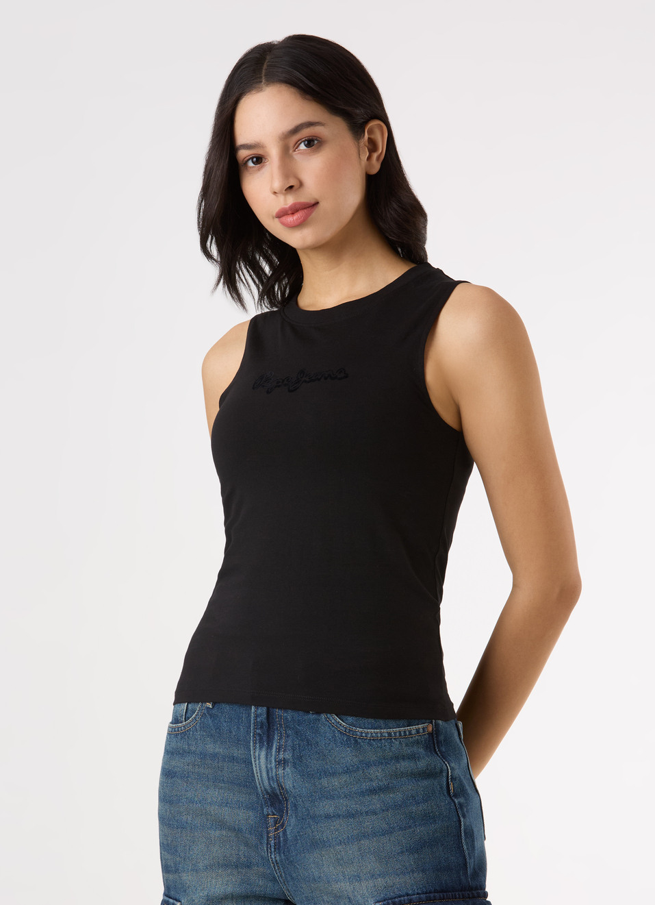 Women Black Sleeveless Slim Fit Tank Top With Logo Print, , large image number 3