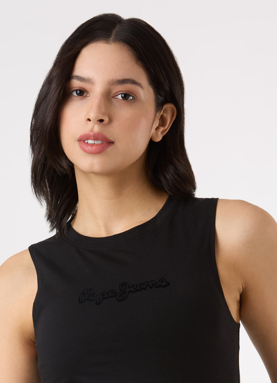 Women Black Sleeveless Slim Fit Tank Top With Logo Print, , large image number 4