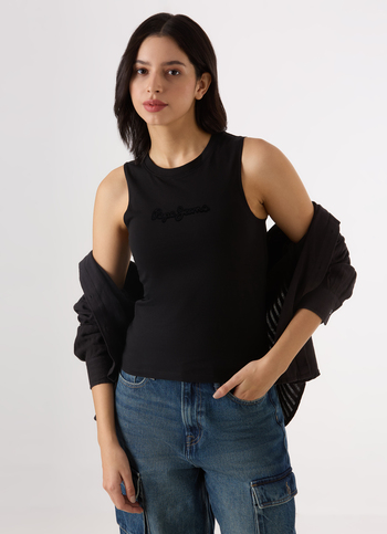 Women Black Sleeveless Slim Fit Tank Top With Logo Print