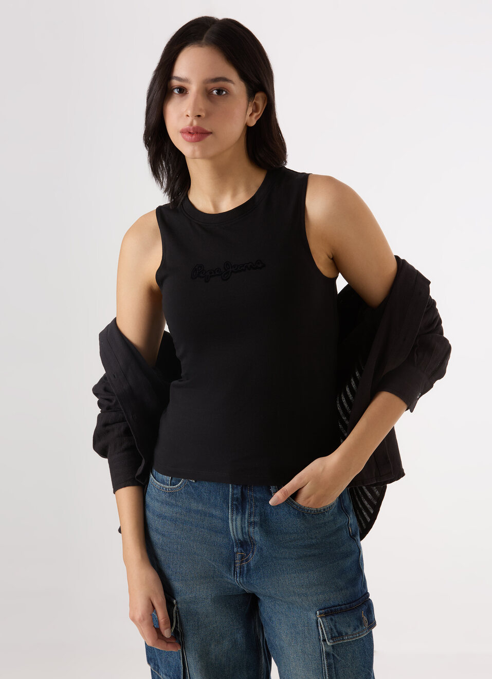 Women Black Sleeveless Slim Fit Tank Top With Logo Print, , large image number 0