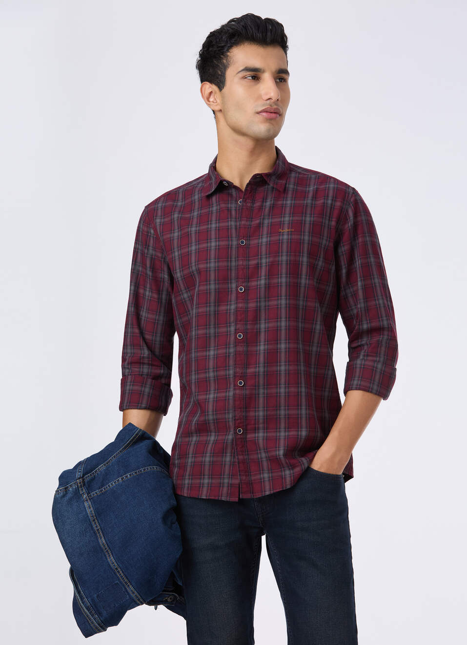 Men Wine Purple Check Full Sleeve Shirt, , large image number 0