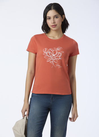 Women Rust Orange Floral Line Art T-shirt