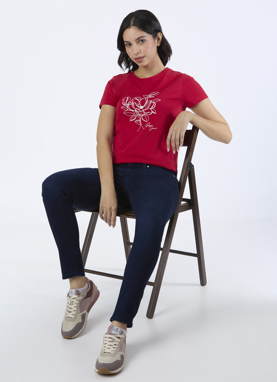 Women Red Floral Line Art T-shirt, , large image number 5
