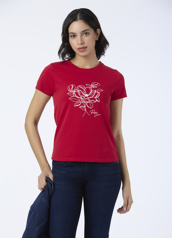 Women Red Floral Line Art T-shirt