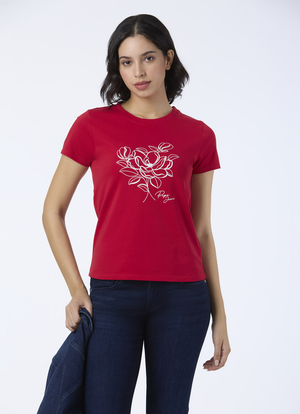 Women Red Floral Line Art T-shirt, , large image number 0