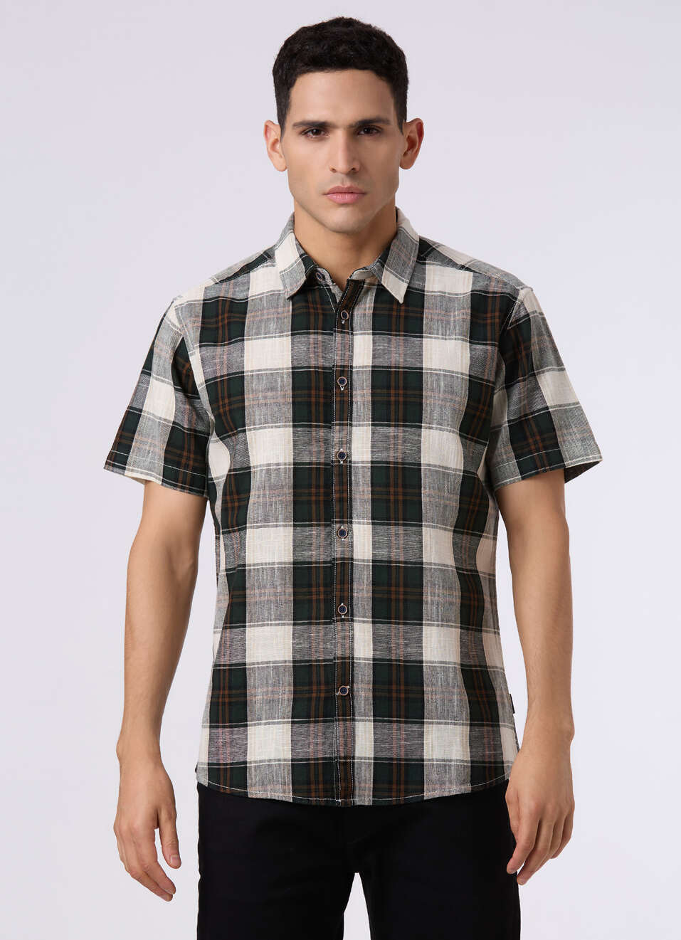 Men Dark Green Checked Regular Fit Short Sleeve Shirt, , large image number 1