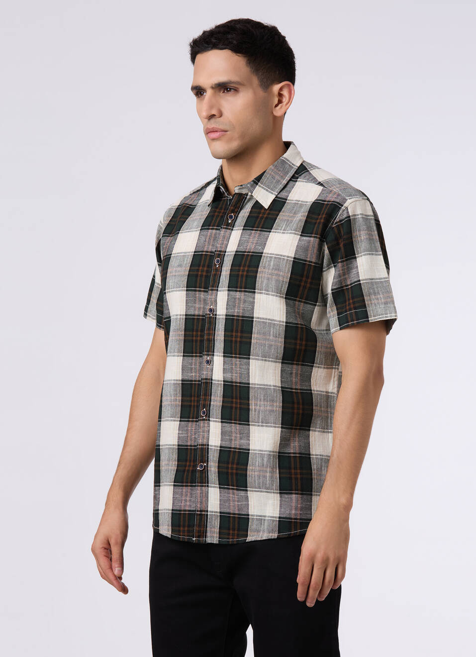 Men Dark Green Checked Regular Fit Short Sleeve Shirt, , large image number 3
