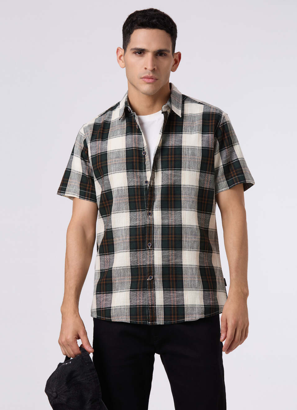 Men Dark Green Checked Regular Fit Short Sleeve Shirt, , large image number 0