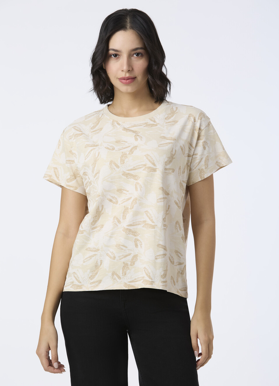 Women Beige All Over Feather Print T-shirt, , large image number 1