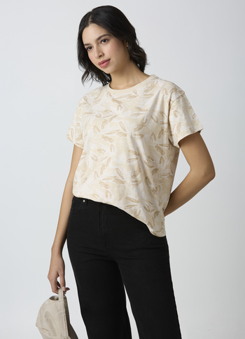 Women Beige All Over Feather Print T-shirt