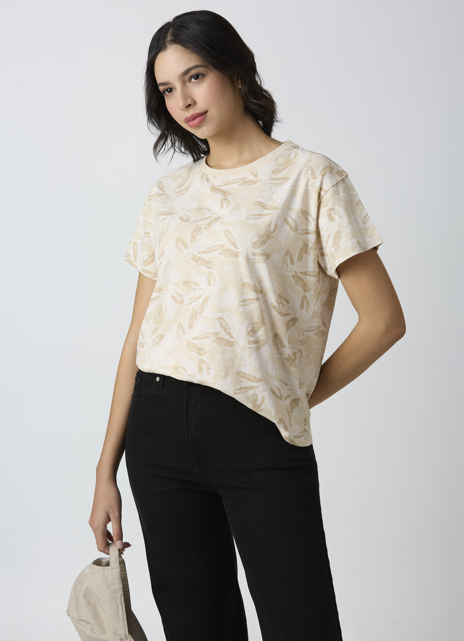 Women Beige All Over Feather Print T-shirt, , large image number 0