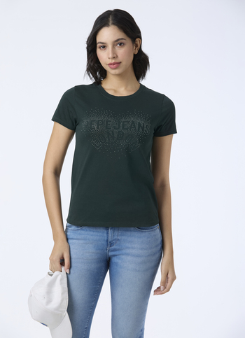 Women Green Embellished Short Sleeve Stretch T-shirt