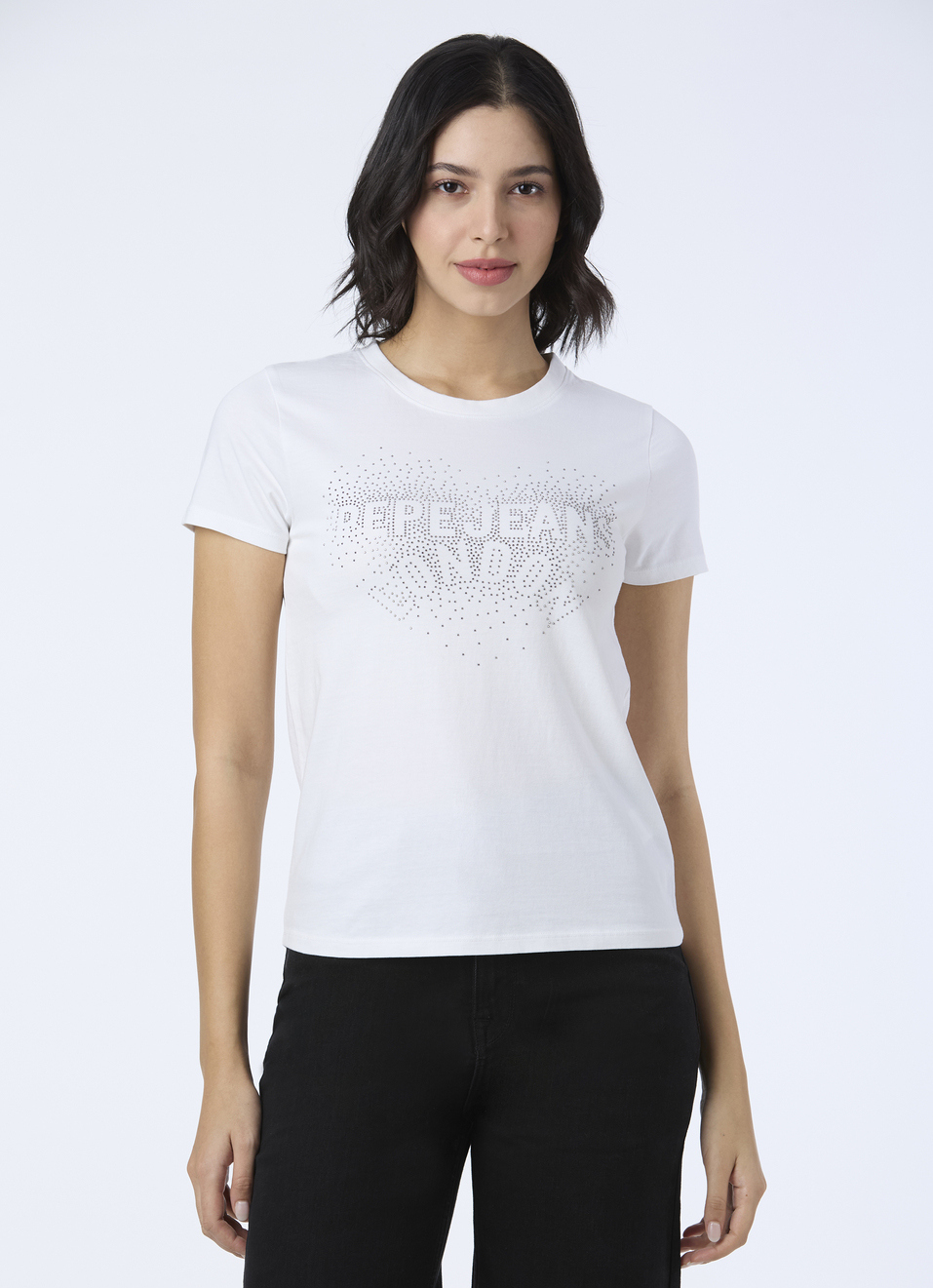 Women White Embellished Short Sleeve Stretch T-shirt, , large image number 1