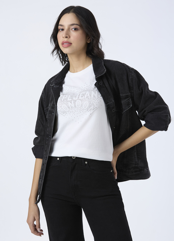 Women White Embellished Short Sleeve Stretch T-shirt