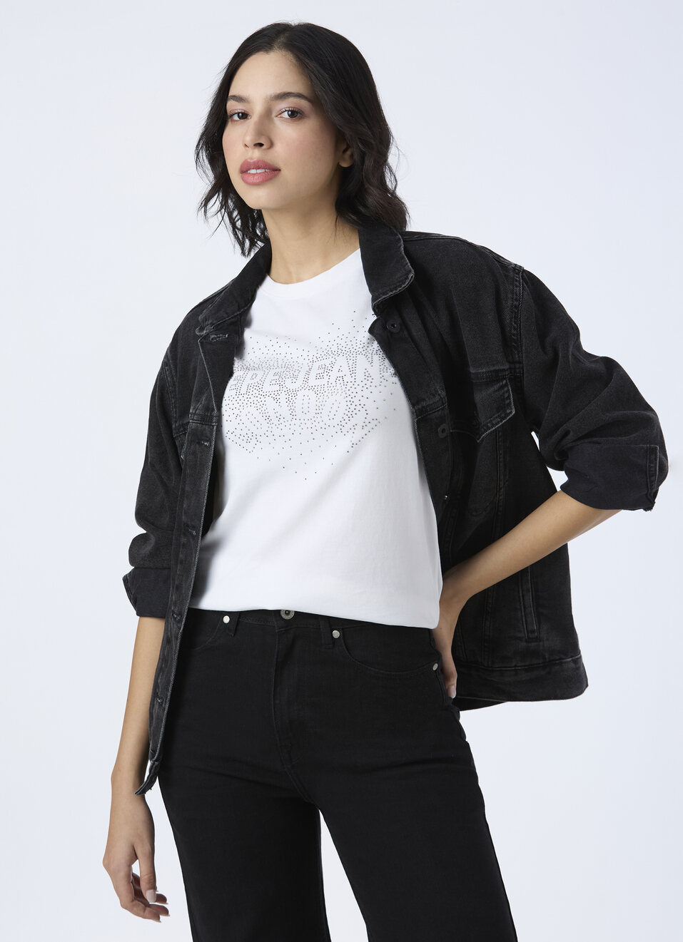 Women White Embellished Short Sleeve Stretch T-shirt, , large image number 0