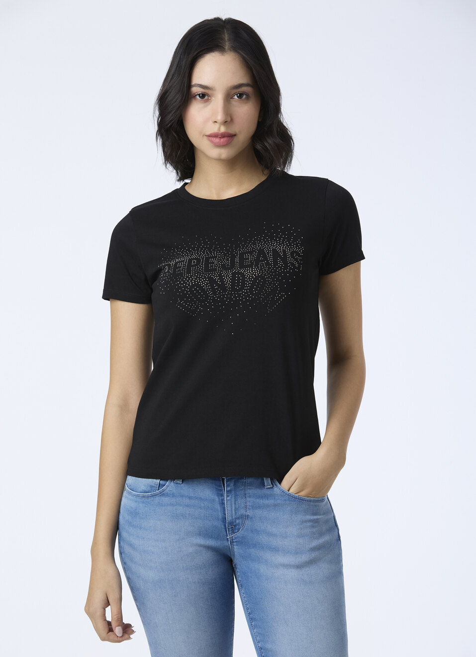 Women Black Embellished Short Sleeve Stretch T-shirt, , large image number 1