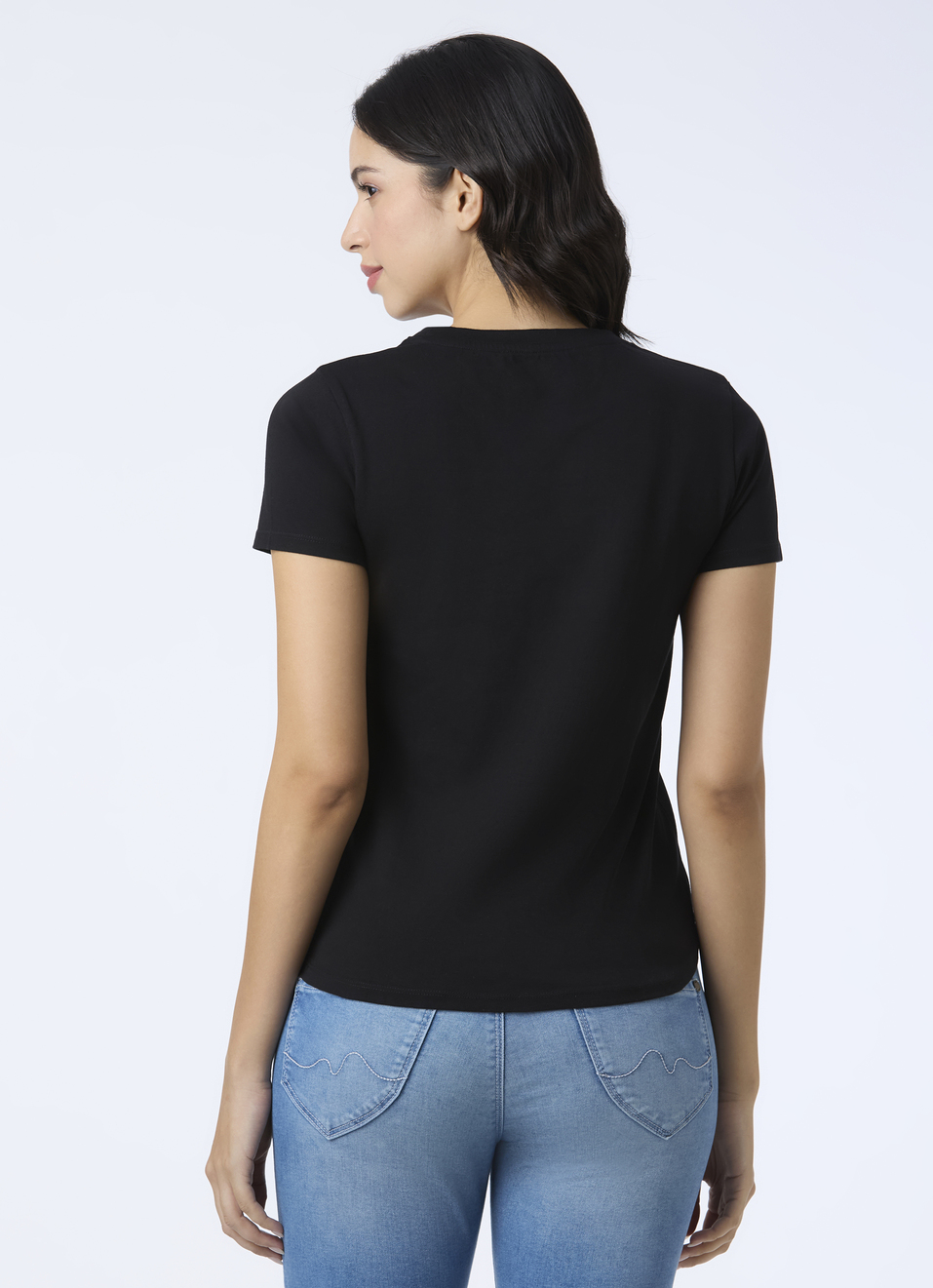 Women Black Embellished Short Sleeve Stretch T-shirt, , large image number 2