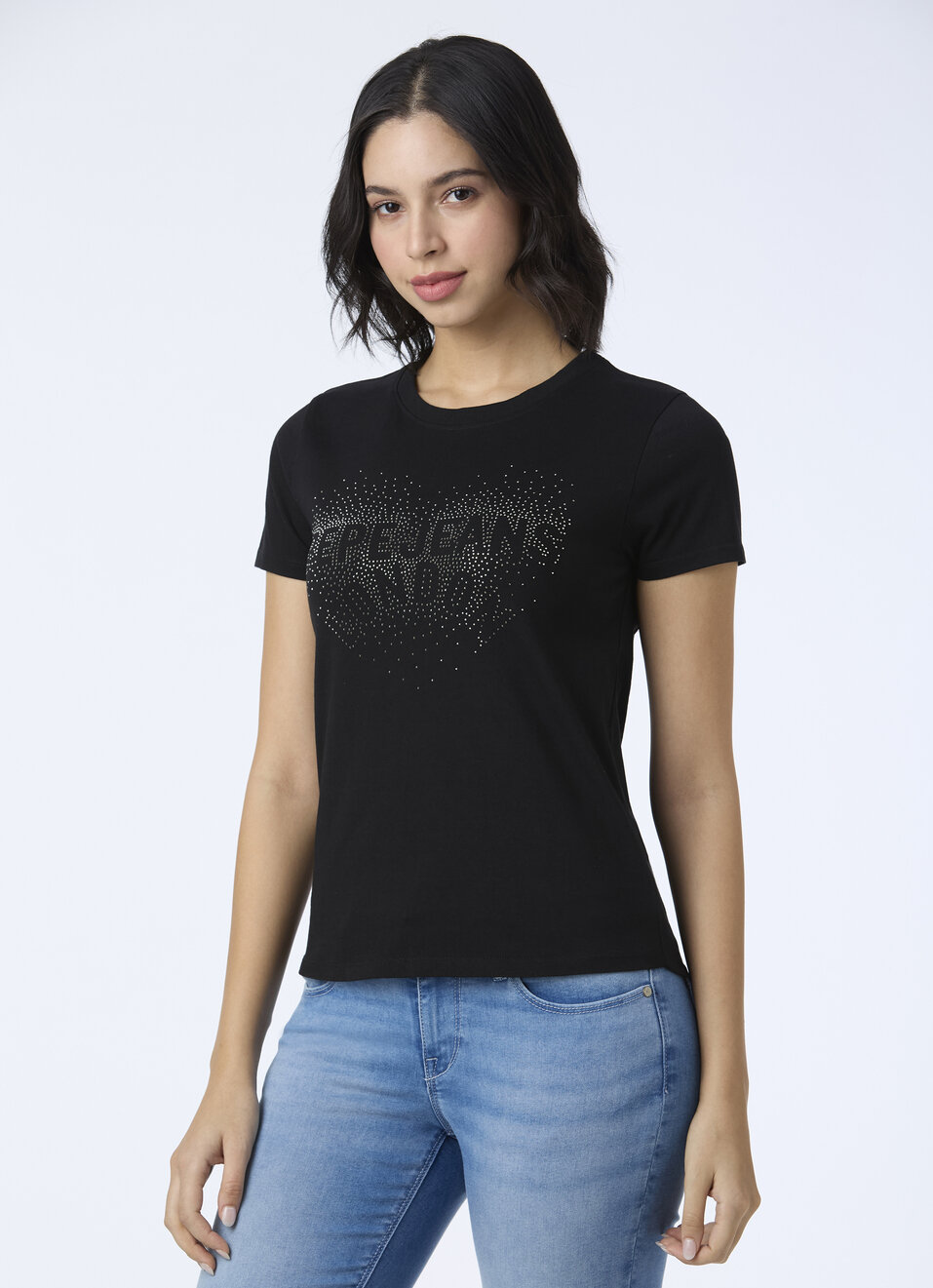 Women Black Embellished Short Sleeve Stretch T-shirt, , large image number 3