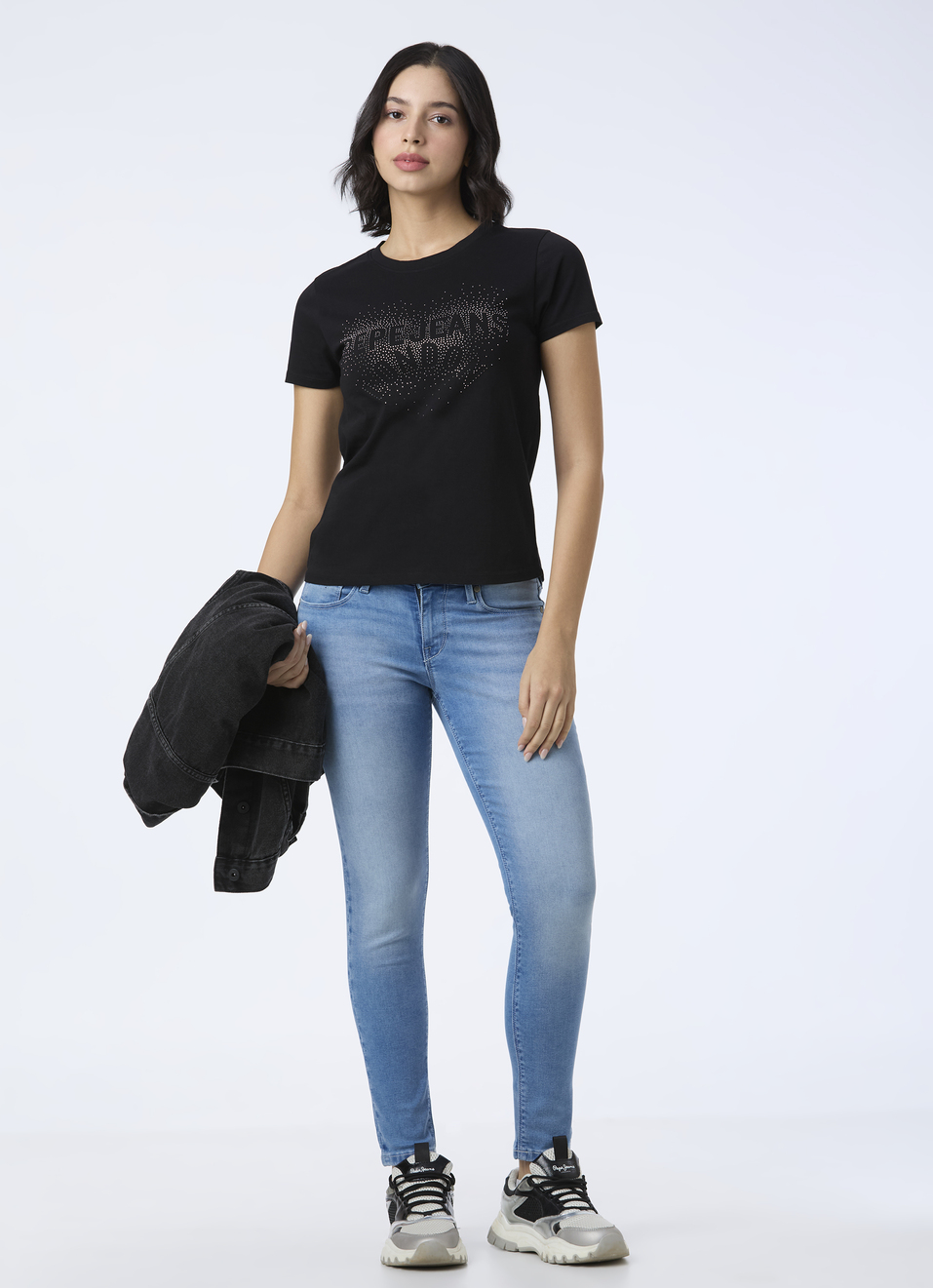 Women Black Embellished Short Sleeve Stretch T-shirt, , large image number 5